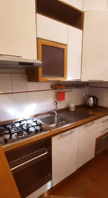 a kitchen with a sink and a stove top oven at Casetta del Quadraro in Rome