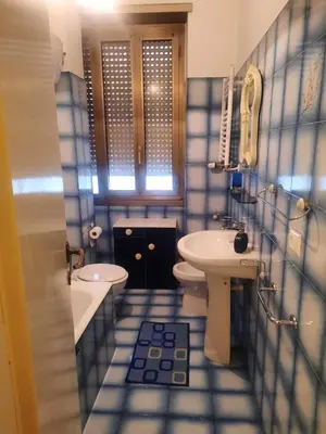 a blue and white bathroom with a sink and a toilet at Nido Vidaschi in Rome