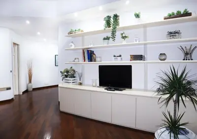 a living room with white shelves and a tv at Cozy Home San Giovanni in Rome