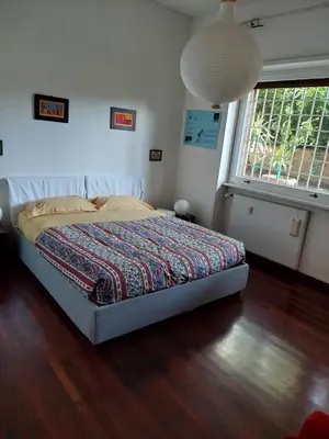 a bedroom with a bed and a large window at Appartamento con giardino in zona Ponte Milvio e Stadio Olimpico in Rome