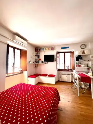 a bedroom with a red bed and a red blanket at Lovely studio near the Colosseum in Rome