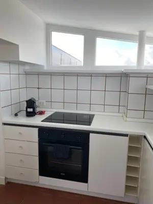a kitchen with a stove and a sink and two windows at Piccolomini Design Apartment in Rome