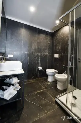 a bathroom with a sink and a toilet and a shower at Alba Rosa Rooms in Rome