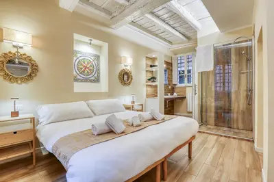 a bedroom with a large bed and a shower at Easybnb - Domus Orbitelli in Rome