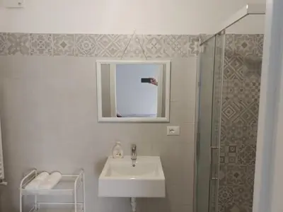 a bathroom with a sink and a mirror and a shower at Urban cosy rooms in Rome
