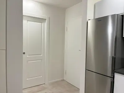 a kitchen with a refrigerator and a door at Paula Petra Vatican Apartments in Rome