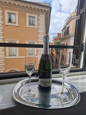 a bottle of wine and two glasses on a tray at Corso Suite Style in Rome
