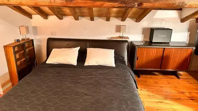 a bedroom with a black bed and a tv at Palazzo Centini Toni - Rome with style in Rome