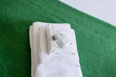 a white towel with a bottle on top of green grass at Casa di Marianna e Vittorio al Gemelli in Rome