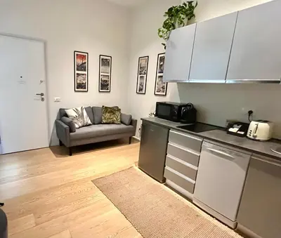 a kitchen and living room with a couch in a room at STUDIO4 ROMA in Rome