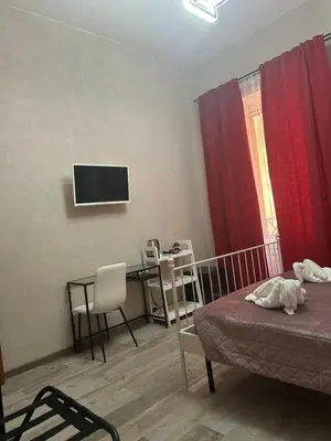 a bedroom with a bed and a desk and a television at Vanella Rome Domus in Rome