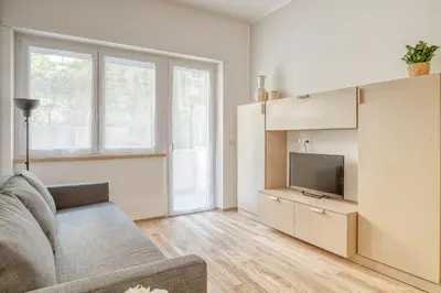 a living room with a couch and a tv at Emily Valles Apartment Saint Peter's in Rome