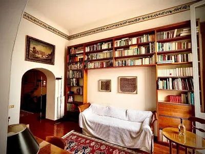a living room with a couch and book shelves with books at Colosseum Luxury Apartment in Rome