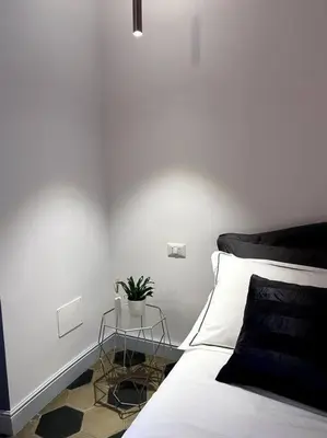 a bedroom with a bed with a plant on a table at Lovely art&design 2 bdrms flat in Rome