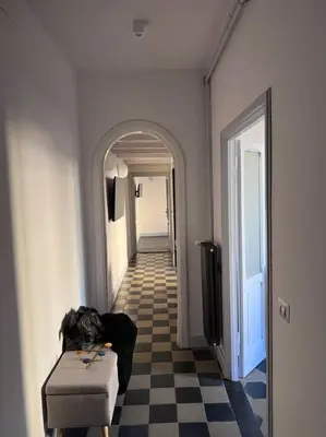 a hallway with a dog sitting on a chair in a room at Lovely art&design 2 bdrms flat in Rome