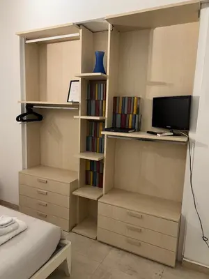 a bedroom with book shelves and a tv and a bed at Home Rent Mancini in Rome