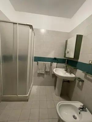 a bathroom with a shower and a sink at Stanza classica Eur Tintoretto in Rome