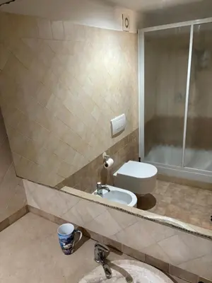 a bathroom with a sink and a toilet and a mirror at Boutique rooms trastevere in Rome
