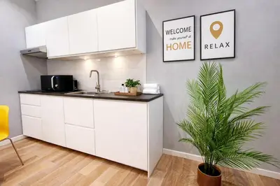 a kitchen with white cabinets and a potted plant at Simona's Vatican in Rome