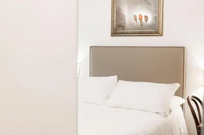 a bedroom with a white bed and a black shelf at Domus Vitra in Rome