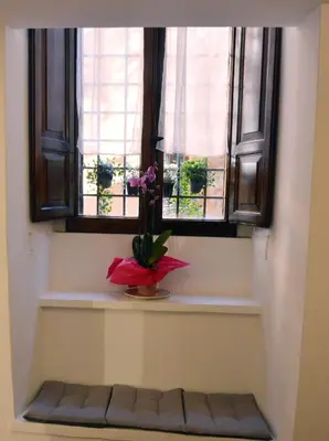 a vase of flowers sitting on a window sill at Petit loft de Rome Vatican Apartment in Rome