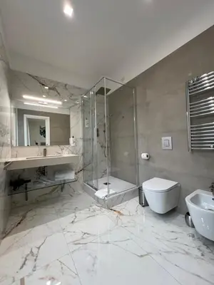 a bathroom with a shower and a toilet and a sink at Vittoria's Luxury Rooms in Rome