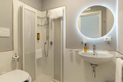 a bathroom with a shower and a sink and a mirror at HOTEL DELLE CIVETTE in Rome