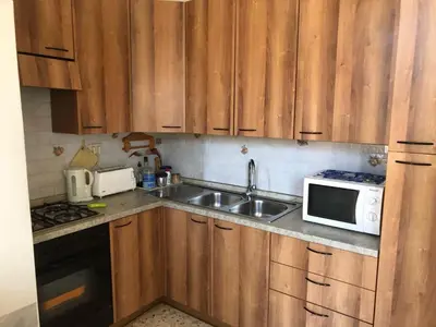 a kitchen with wooden cabinets and a sink and a microwave at Apartment Rome Vatican in Rome