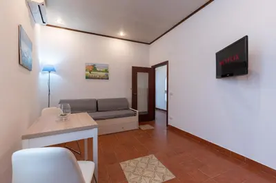 a living room with a couch and a tv at Evelina in Trastevere in Rome