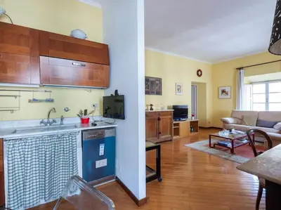 a kitchen and a living room with a counter top at Porta Pia Elegant Two Bedroom in Rome