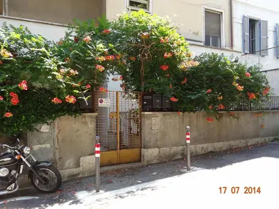a motorcycle parked in front of a gate with flowers at Room In Roma Isole in Rome
