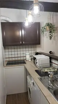 a kitchen with a sink and a stove and a microwave at Trastevere Heritage Suite in Rome