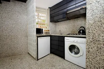 a kitchen with a washer and dryer in a kitchen at Charming loft with terrace at the Quirinale in Rome
