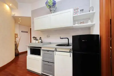 a kitchen with white cabinets and a black refrigerator at S. Peter 2 - Apartment with garden -50m from metro in Rome