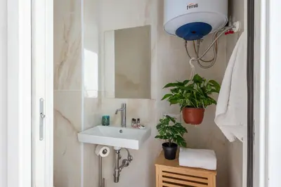 a bathroom with a sink and a mirror and a plant at Cattaneo monti delizioso e nuovissimo appartamento in Rome