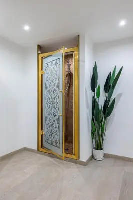 a wooden door in a room with a potted plant at Lovely studio Apartment - Capocci in Rome