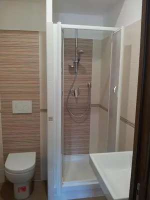 a bathroom with a shower and a toilet and a sink at Trastevere Chic in Rome