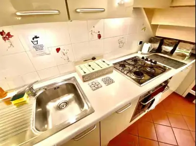 a kitchen with a sink and a stove at Vacanze Romane al Portico d'Ottavia in Rome
