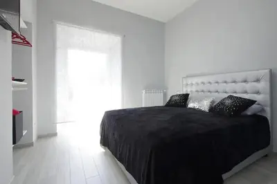 a bedroom with a large bed with a black blanket at Suite Noir St Peter View in Rome
