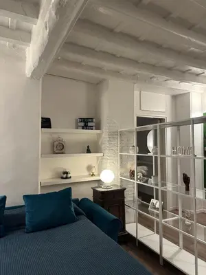 a bedroom with a blue bed and a book shelf at Trithome Suite Boutique Barberini in Rome
