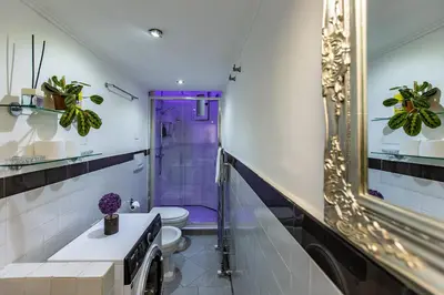 a bathroom with a purple shower and a toilet at Gianicolo Holiday House in Rome