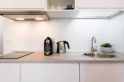 a kitchen counter with a sink and a coffee maker at Panoramic Flat Barberini in Rome