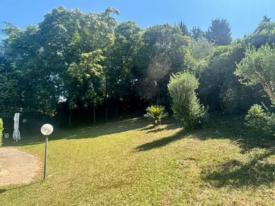 a yard with trees and a lawn with a sign in the grass at Aurelia House Garden in Rome