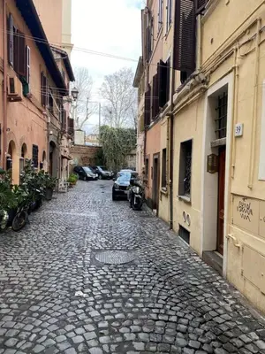 a cobblestone street with a car parked on it at Casa Vicolo Moroni - Trastevere in Rome