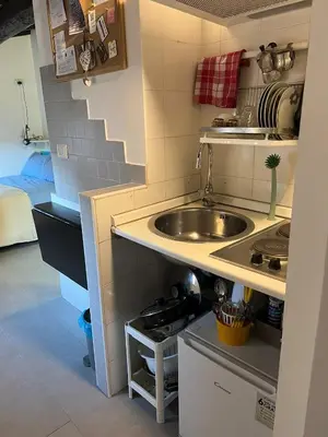 a small kitchen with a sink and a counter at Monolocale Trastevere locato per finalità turistiche in Rome