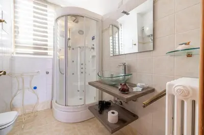 a bathroom with a shower and a sink and a toilet at Ambra's bright apartment in Rome