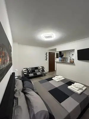 a living room with a black and white rug at La Terrazza di Attila in Rome