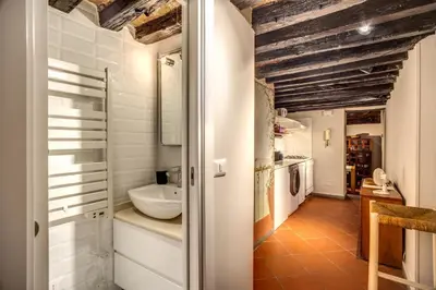 a bathroom with a white sink and a mirror at Cartari Apartment in Rome