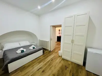 a bedroom with a large bed and a closet at Boiardo Art House in Rome