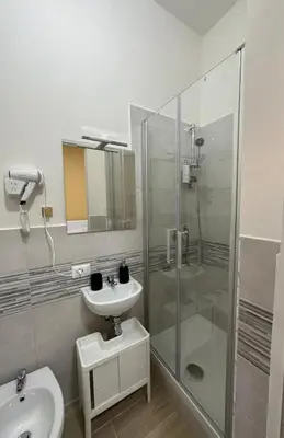 a white bathroom with a sink and a shower at The Roman Guesthouse in Rome